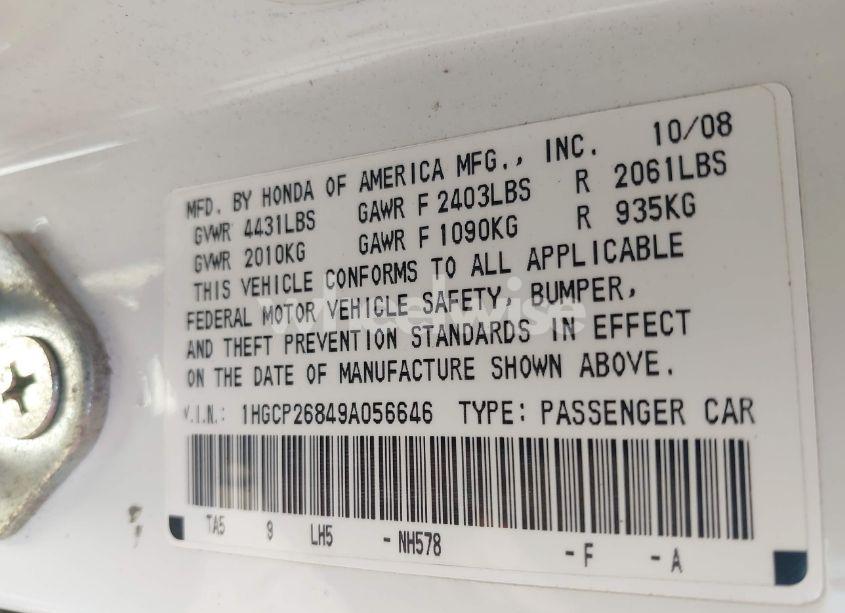 Photo 9 of 2009 Honda Accord 2.4 EX-L (VIN 1HGCP26849A056646)