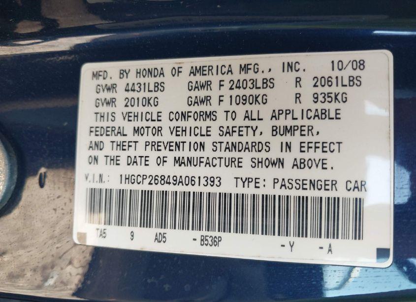 Photo 9 of 2009 Honda Accord 2.4 EX-L (VIN 1HGCP26849A061393)