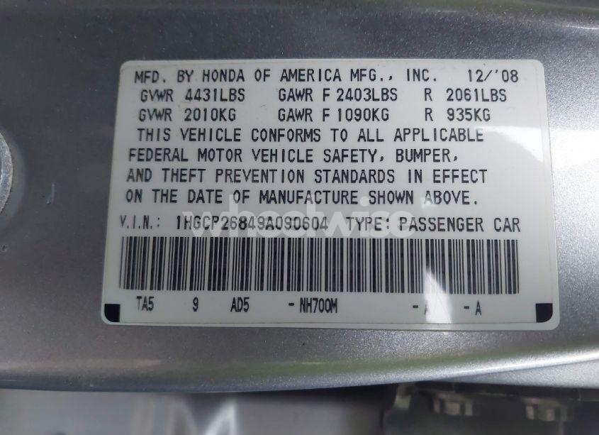 Photo 9 of 2009 Honda Accord 2.4 EX-L (VIN 1HGCP26849A090604)
