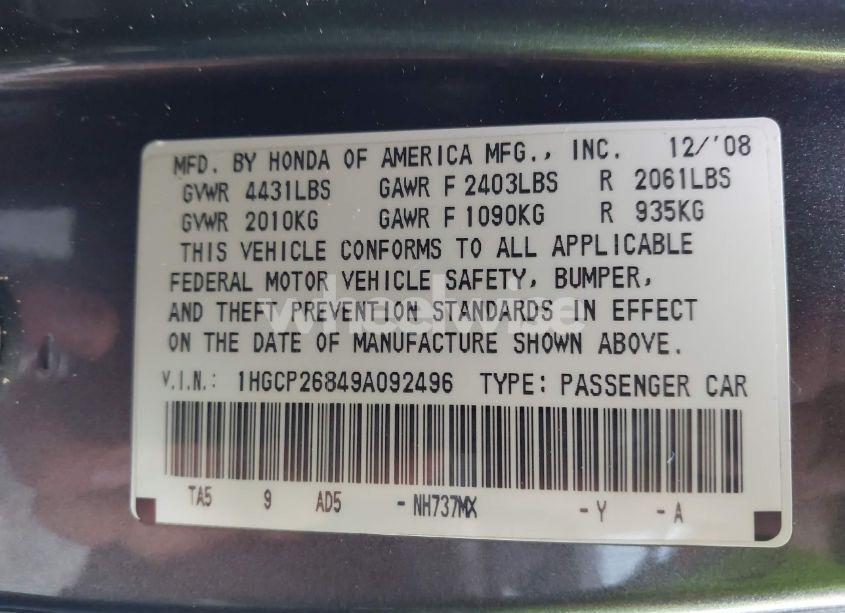 Photo 9 of 2009 Honda Accord 2.4 EX-L (VIN 1HGCP26849A092496)