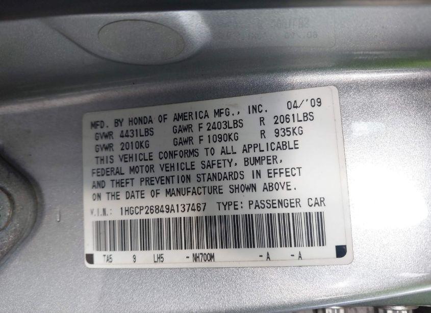 Photo 9 of 2009 Honda Accord 2.4 EX-L (VIN 1HGCP26849A137467)
