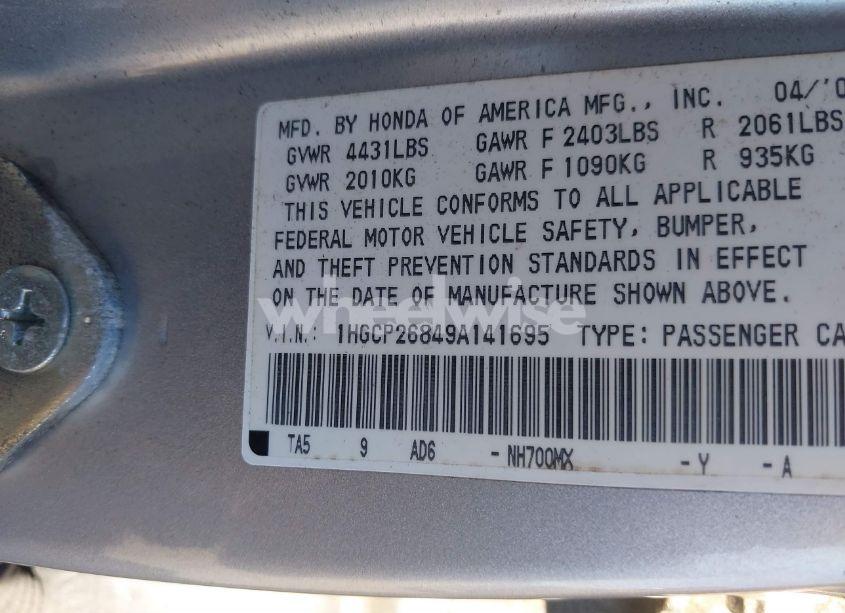 Photo 9 of 2009 Honda Accord 2.4 EX-L (VIN 1HGCP26849A141695)