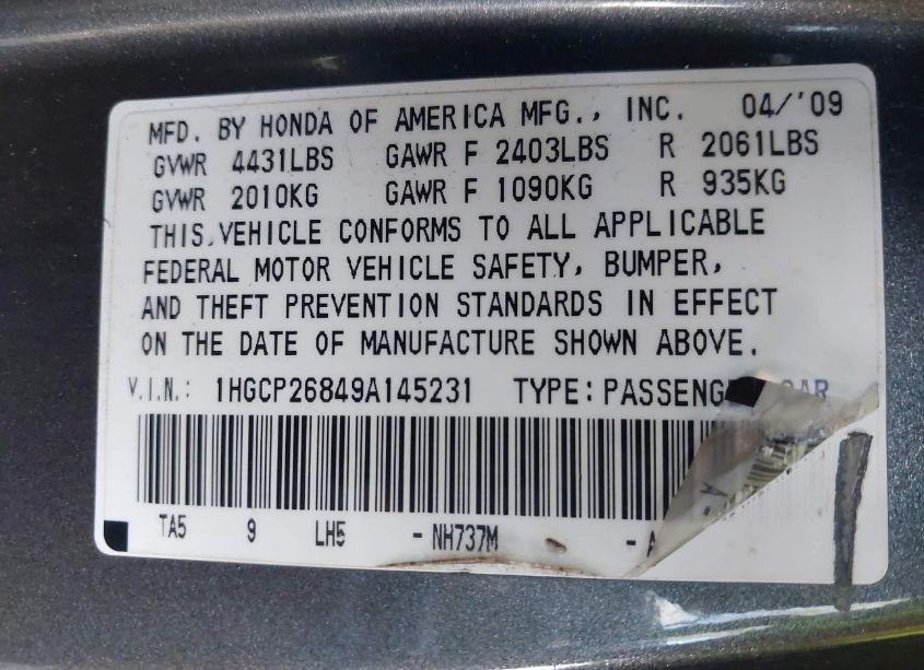 Photo 9 of 2009 Honda Accord 2.4 EX-L (VIN 1HGCP26849A145231)