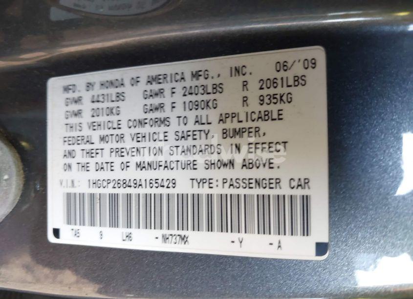 Photo 9 of 2009 Honda Accord 2.4 EX-L (VIN 1HGCP26849A165429)