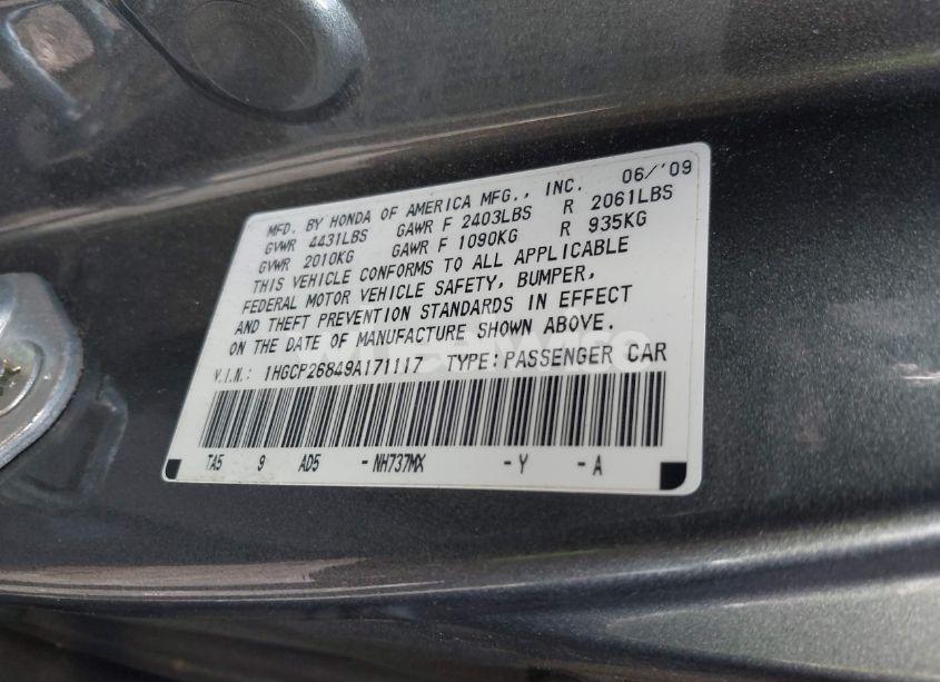 Photo 9 of 2009 Honda Accord 2.4 EX-L (VIN 1HGCP26849A171117)
