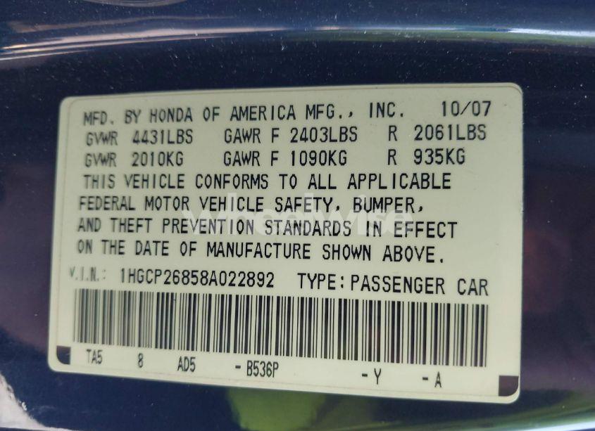 Photo 9 of 2008 Honda Accord 2.4 EX-L (VIN 1HGCP26858A022892)