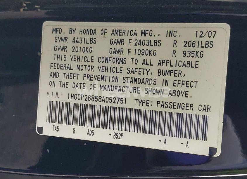 Photo 9 of 2008 Honda Accord 2.4 EX-L (VIN 1HGCP26858A052751)