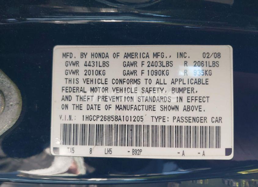 Photo 9 of 2008 Honda Accord 2.4 EX-L (VIN 1HGCP26858A101205)