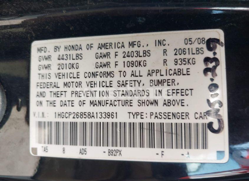 Photo 9 of 2008 Honda Accord 2.4 EX-L (VIN 1HGCP26858A133961)