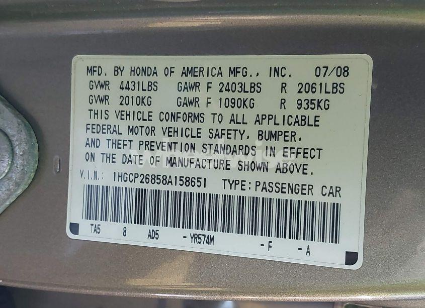 Photo 9 of 2008 Honda Accord 2.4 EX-L (VIN 1HGCP26858A158651)