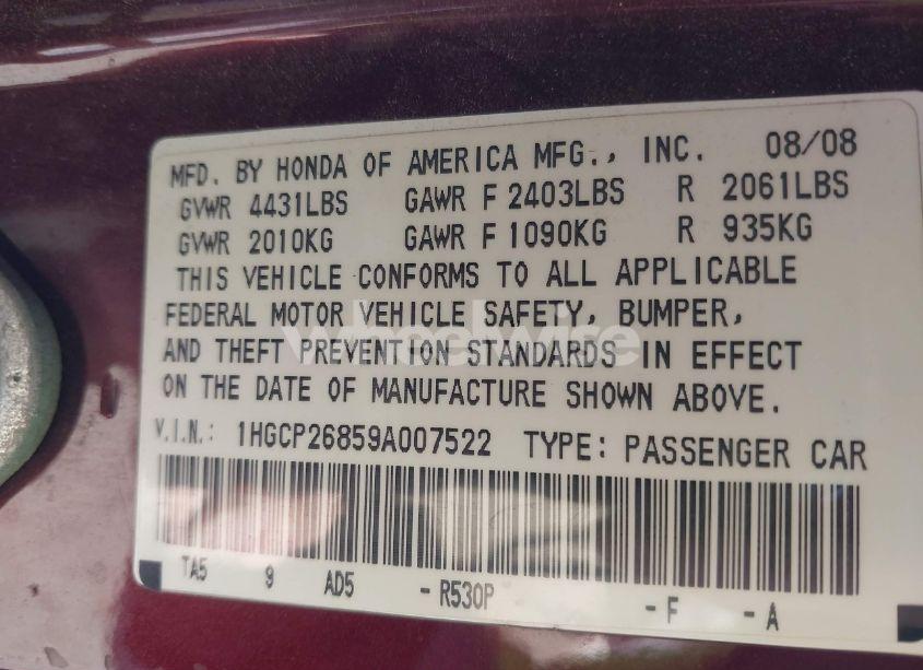 Photo 9 of 2009 Honda Accord 2.4 EX-L (VIN 1HGCP26859A007522)