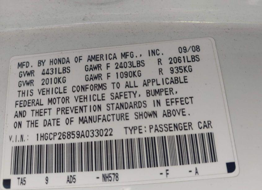 Photo 9 of 2009 Honda Accord 2.4 EX-L (VIN 1HGCP26859A033022)