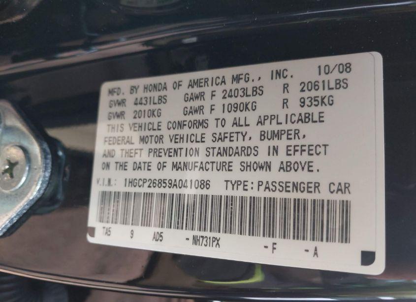 Photo 9 of 2009 Honda Accord 2.4 EX-L (VIN 1HGCP26859A041086)