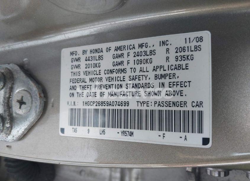 Photo 9 of 2009 Honda Accord 2.4 EX-L (VIN 1HGCP26859A074699)