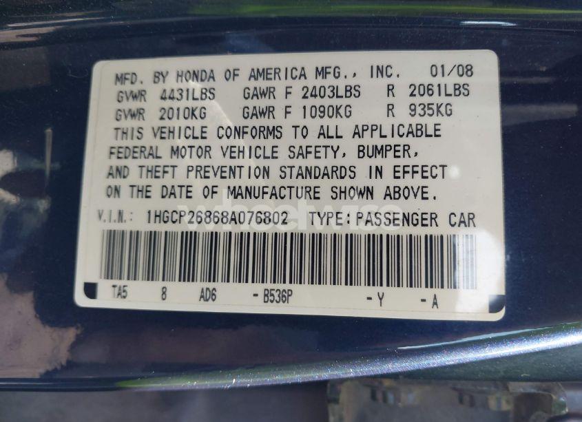 Photo 9 of 2008 Honda Accord 2.4 EX-L (VIN 1HGCP26868A076802)