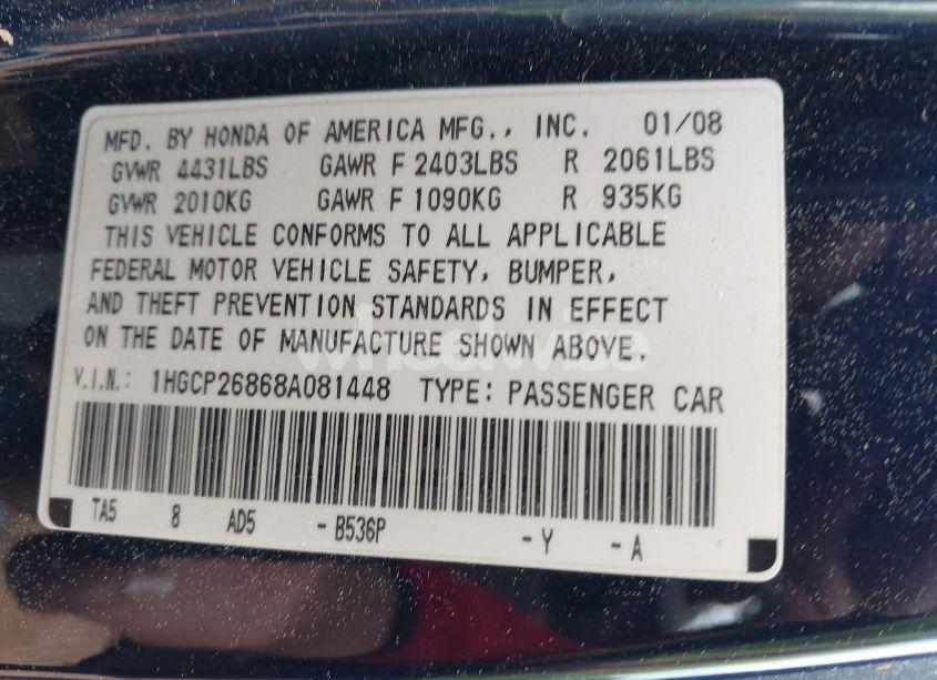 Photo 9 of 2008 Honda Accord 2.4 EX-L (VIN 1HGCP26868A081448)
