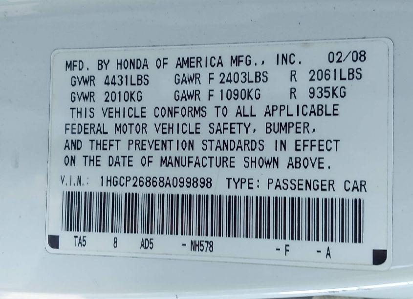 Photo 9 of 2008 Honda Accord 2.4 EX-L (VIN 1HGCP26868A099898)
