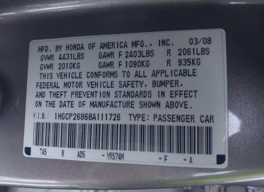 Photo 9 of 2008 Honda Accord 2.4 EX-L (VIN 1HGCP26868A111726)
