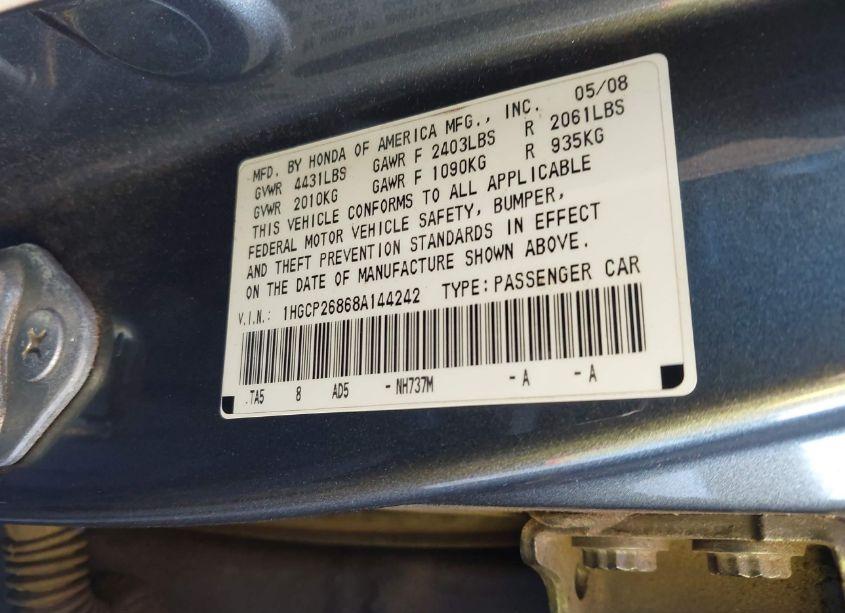 Photo 9 of 2008 Honda Accord 2.4 EX-L (VIN 1HGCP26868A144242)