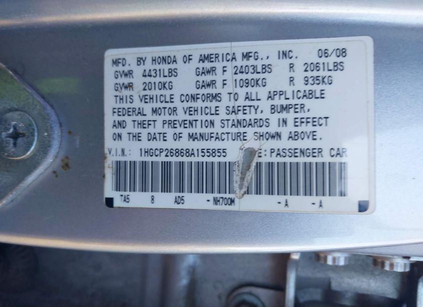 Photo 9 of 2008 Honda Accord 2.4 EX-L (VIN 1HGCP26868A155855)