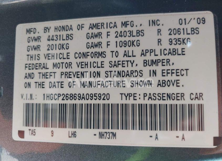 Photo 9 of 2009 Honda Accord 2.4 EX-L (VIN 1HGCP26869A095920)