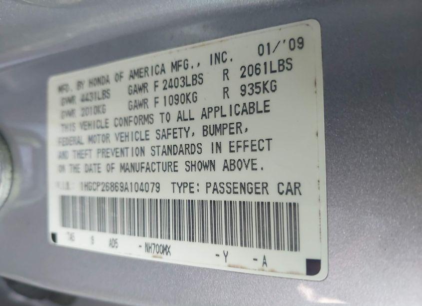 Photo 9 of 2009 Honda Accord 2.4 EX-L (VIN 1HGCP26869A104079)