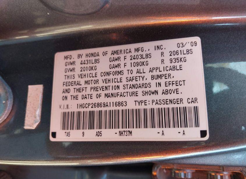 Photo 9 of 2009 Honda Accord 2.4 EX-L (VIN 1HGCP26869A116863)