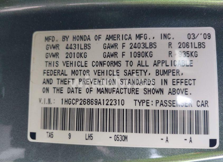 Photo 9 of 2009 Honda Accord 2.4 EX-L (VIN 1HGCP26869A122310)