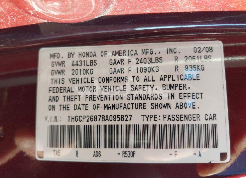 Photo 9 of 2008 Honda Accord 2.4 EX-L (VIN 1HGCP26878A095827)