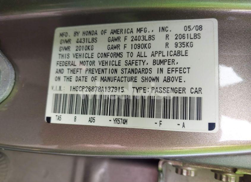 Photo 9 of 2008 Honda Accord 2.4 EX-L (VIN 1HGCP26878A137915)