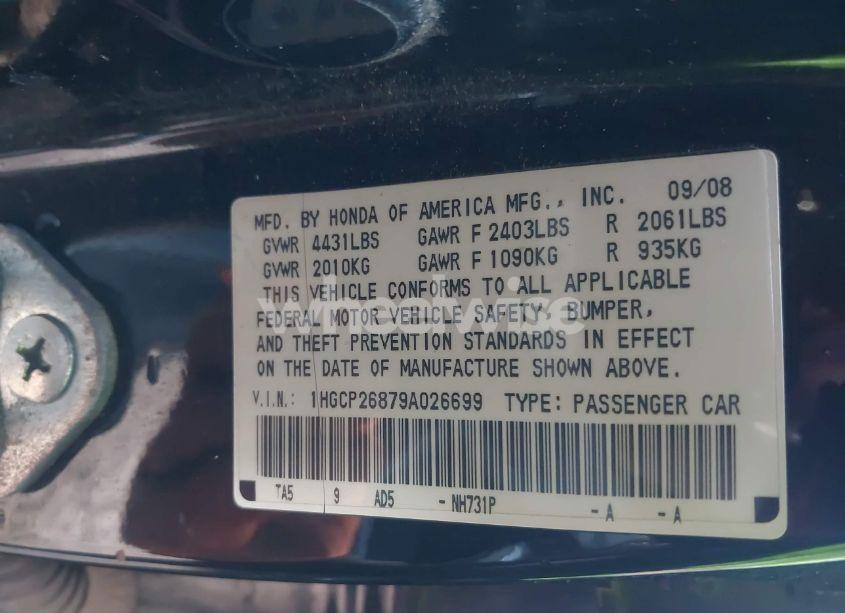 Photo 9 of 2009 Honda Accord 2.4 EX-L (VIN 1HGCP26879A026699)