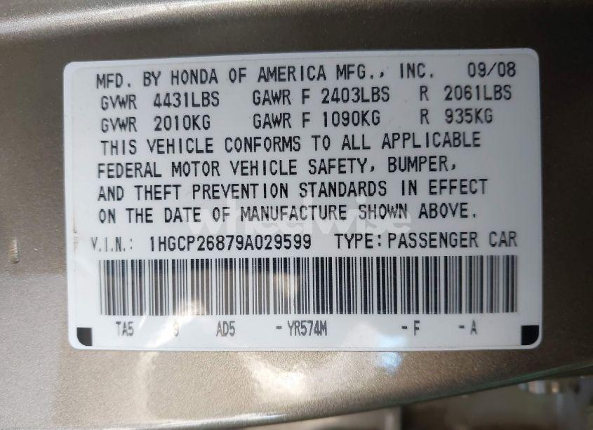Photo 9 of 2009 Honda Accord 2.4 EX-L (VIN 1HGCP26879A029599)
