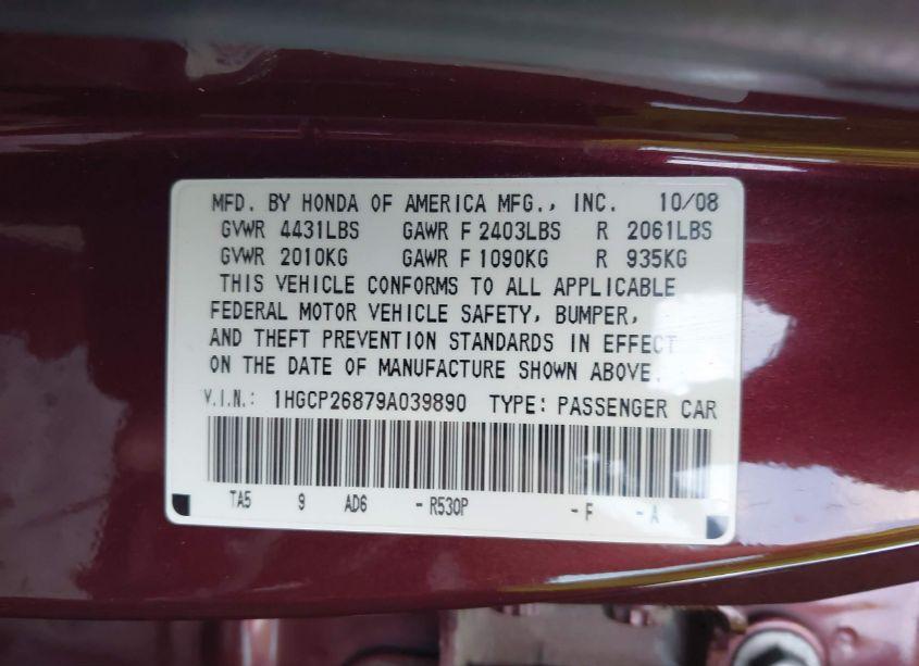 Photo 9 of 2009 Honda Accord 2.4 EX-L (VIN 1HGCP26879A039890)