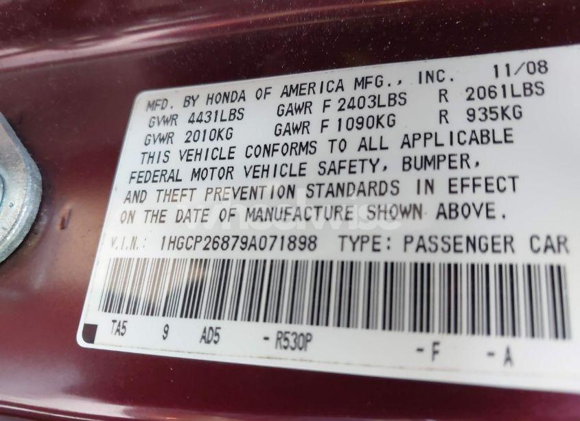 Photo 9 of 2009 Honda Accord 2.4 EX-L (VIN 1HGCP26879A071898)