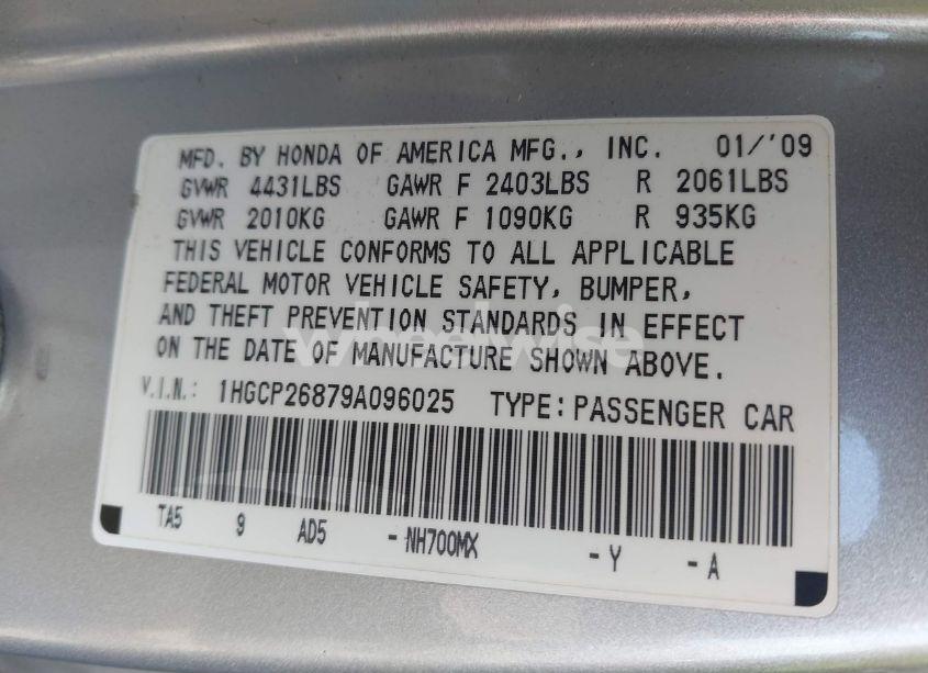 Photo 9 of 2009 Honda Accord 2.4 EX-L (VIN 1HGCP26879A096025)