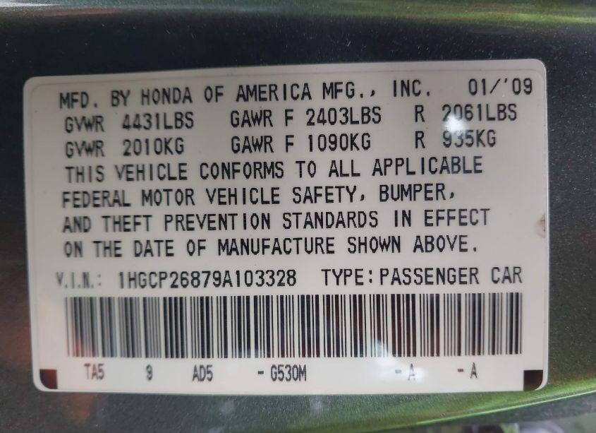 Photo 9 of 2009 Honda Accord 2.4 EX-L (VIN 1HGCP26879A103328)