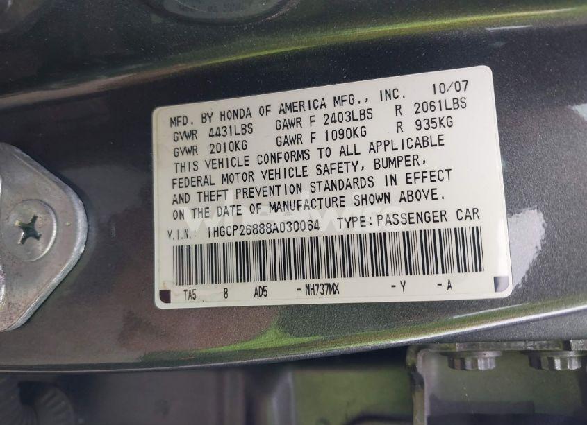 Photo 9 of 2008 Honda Accord 2.4 EX-L (VIN 1HGCP26888A030064)