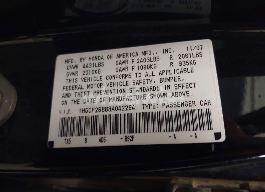 Photo 9 of 2008 Honda Accord 2.4 EX-L (VIN 1HGCP26888A042294)