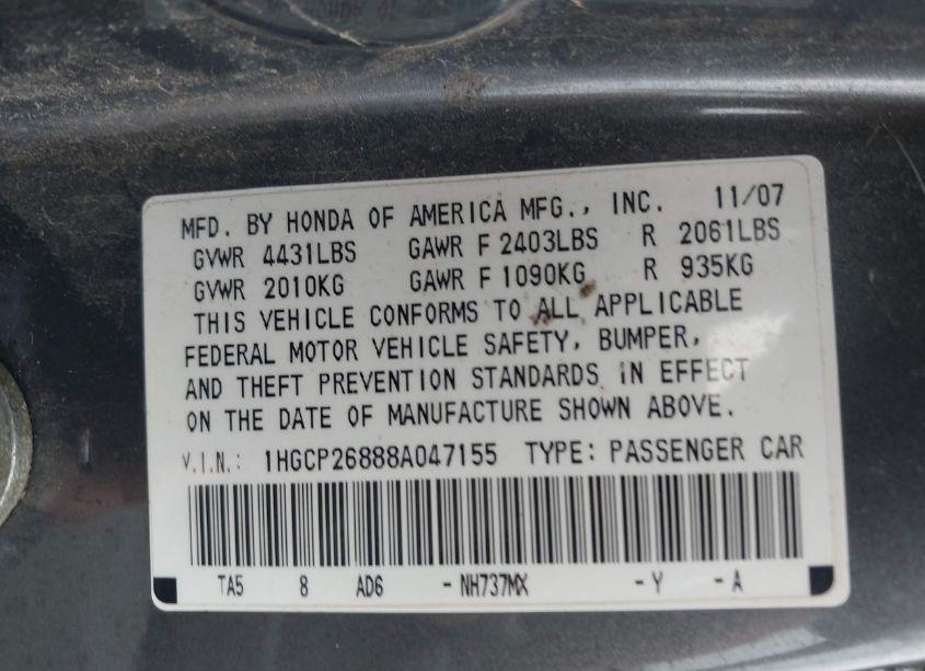 Photo 9 of 2008 Honda Accord 2.4 EX-L (VIN 1HGCP26888A047155)