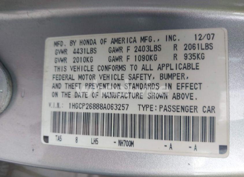 Photo 9 of 2008 Honda Accord 2.4 EX-L (VIN 1HGCP26888A063257)