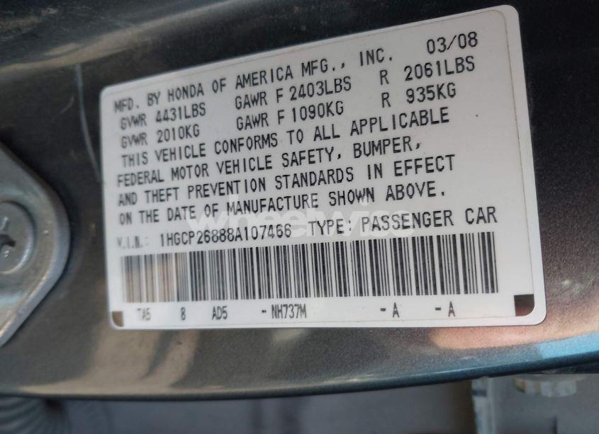 Photo 9 of 2008 Honda Accord 2.4 EX-L (VIN 1HGCP26888A107466)