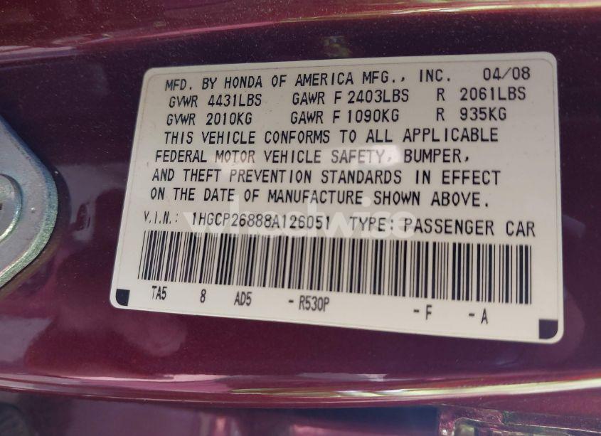 Photo 9 of 2008 Honda Accord 2.4 EX-L (VIN 1HGCP26888A126051)