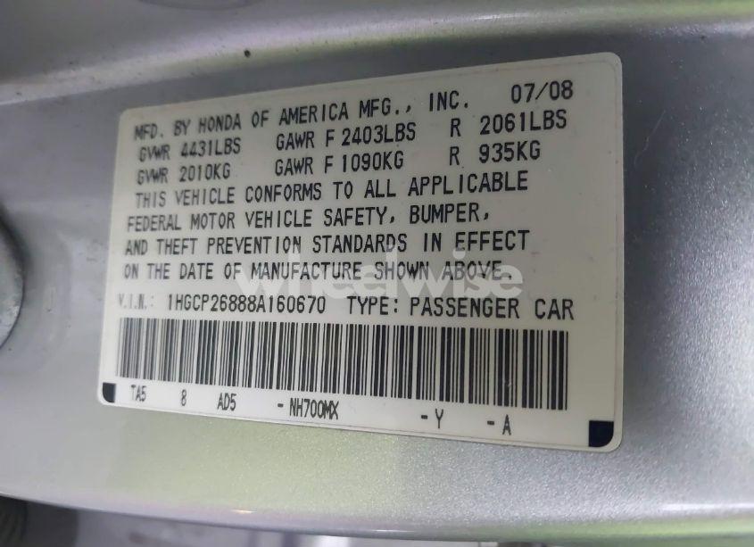 Photo 9 of 2008 Honda Accord 2.4 EX-L (VIN 1HGCP26888A160670)