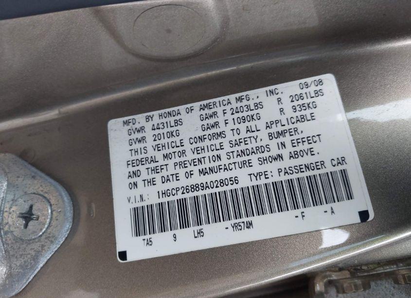 Photo 9 of 2009 Honda Accord SDN (VIN 1HGCP26889A028056)