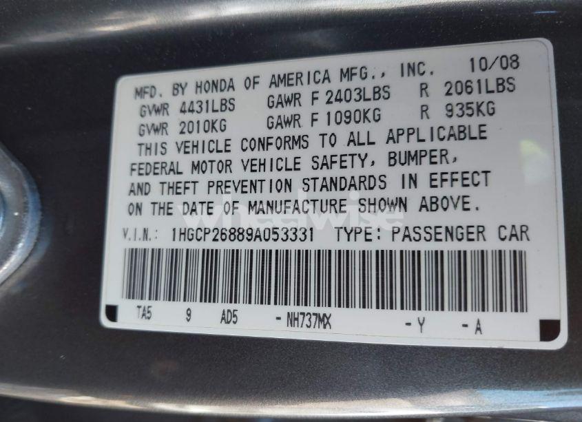 Photo 9 of 2009 Honda Accord 2.4 EX-L (VIN 1HGCP26889A053331)