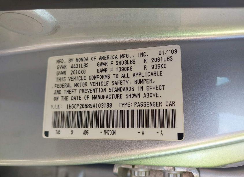 Photo 9 of 2009 Honda Accord 2.4 EX-L (VIN 1HGCP26889A103189)