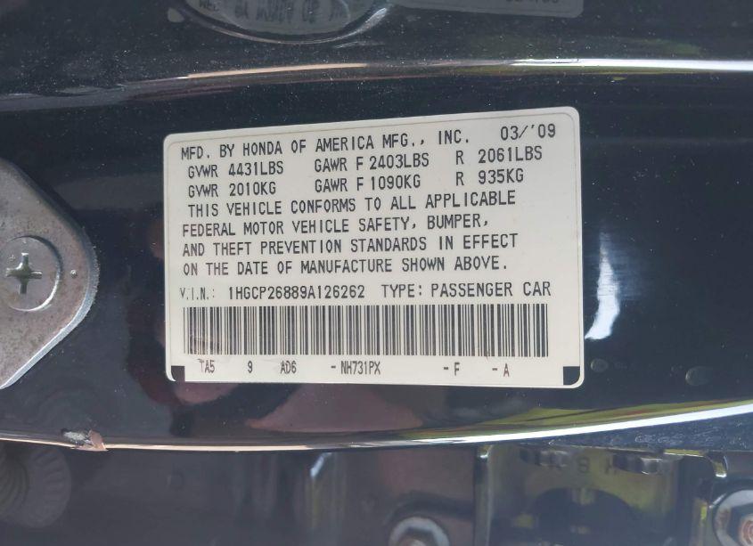 Photo 9 of 2009 Honda Accord 2.4 EX-L (VIN 1HGCP26889A126262)