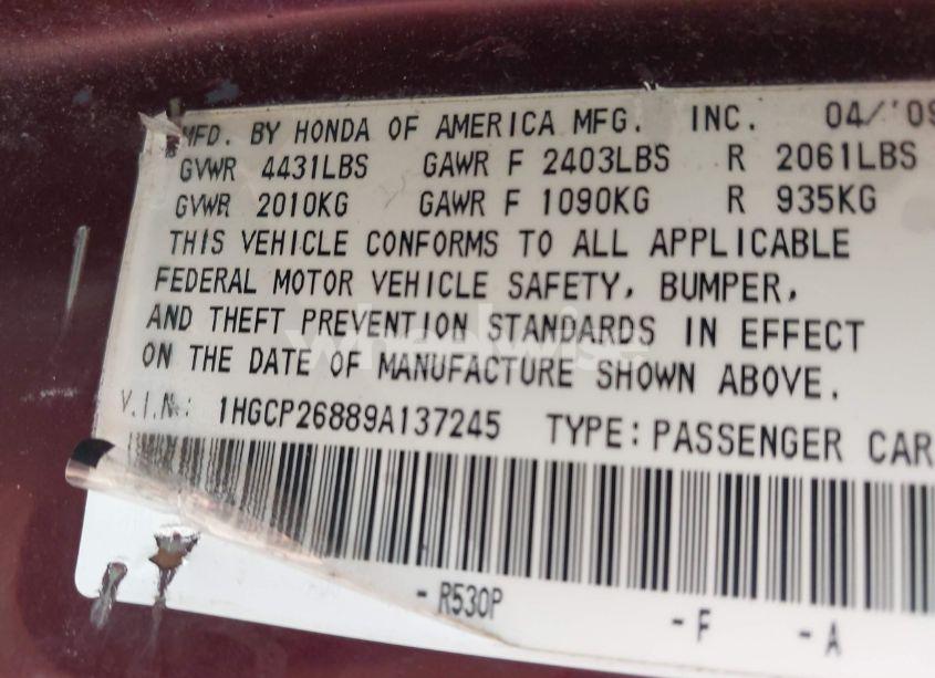 Photo 9 of 2009 Honda Accord 2.4 EX-L (VIN 1HGCP26889A137245)