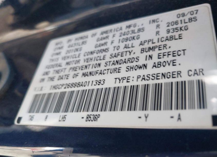 Photo 9 of 2008 Honda Accord 2.4 EX-L (VIN 1HGCP26898A011393)