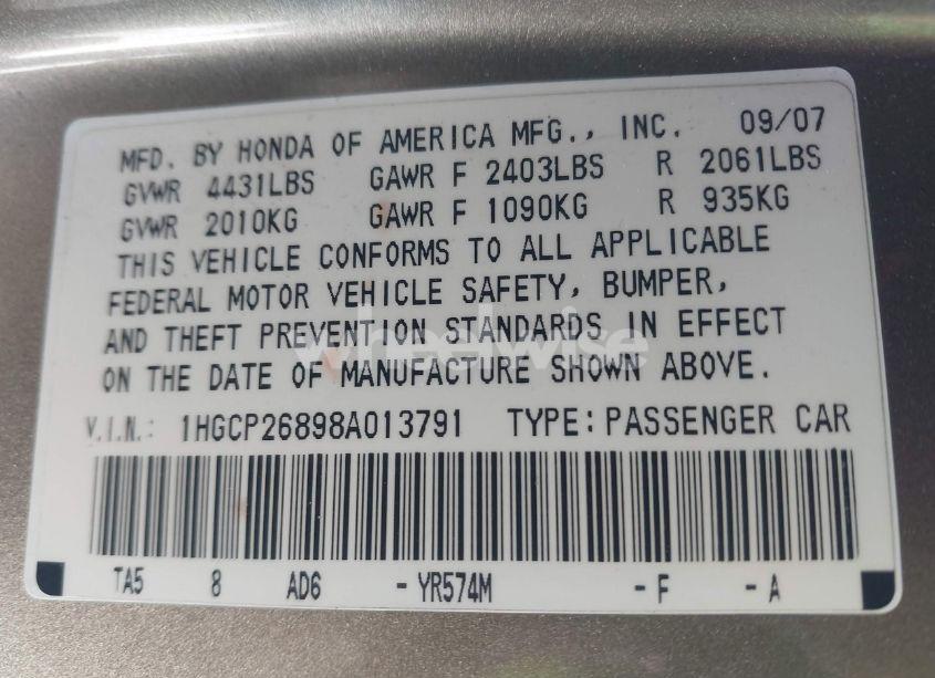 Photo 9 of 2008 Honda Accord 2.4 EX-L (VIN 1HGCP26898A013791)